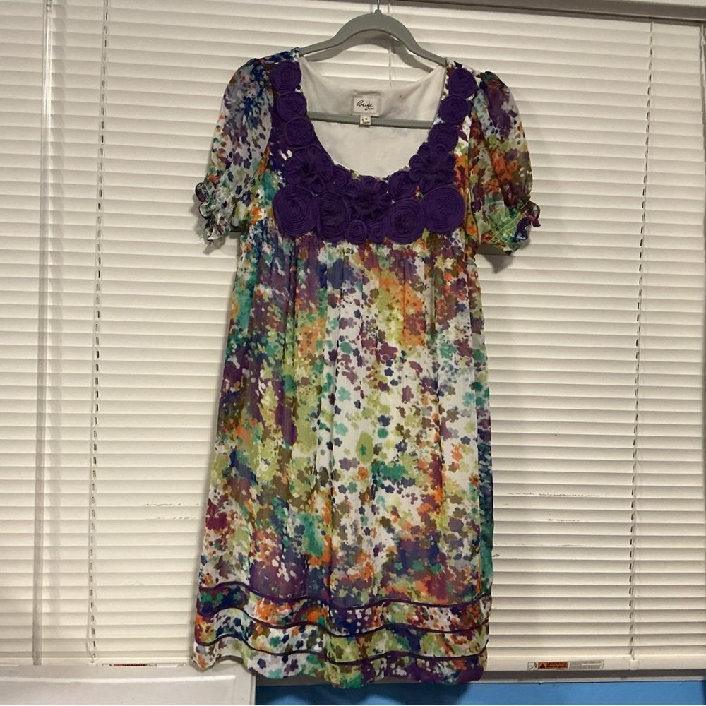 Beige by eci size 6 - Purple Floral Dress, rosettes, sheer sleeves
